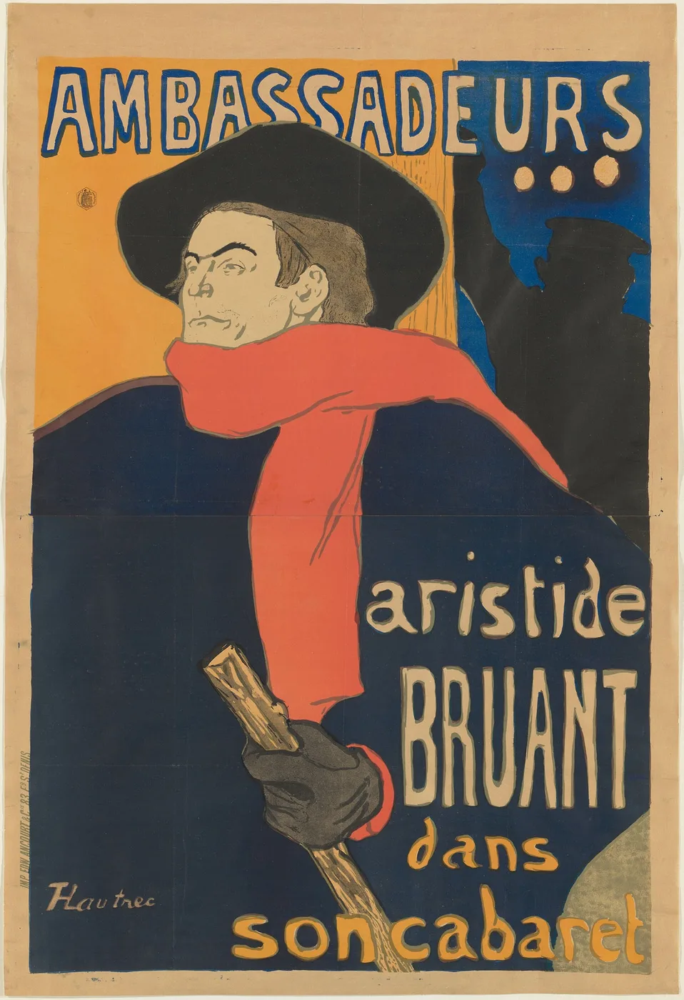 Afiche del cantante Aristide Bruant con su bufanda roja, Toulouse-Lautrec, 1892