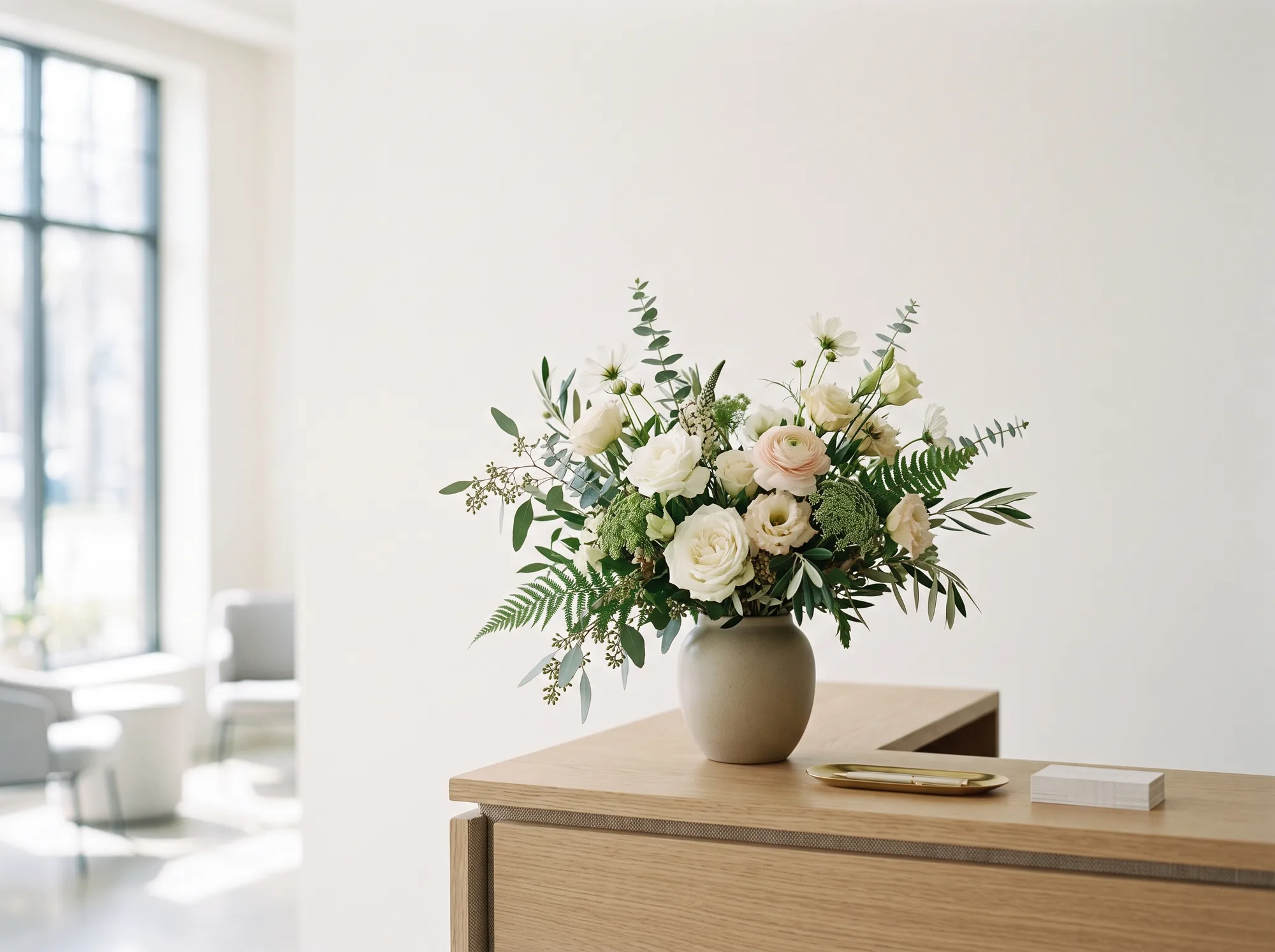 Arreglo floral en recepción de oficina moderna