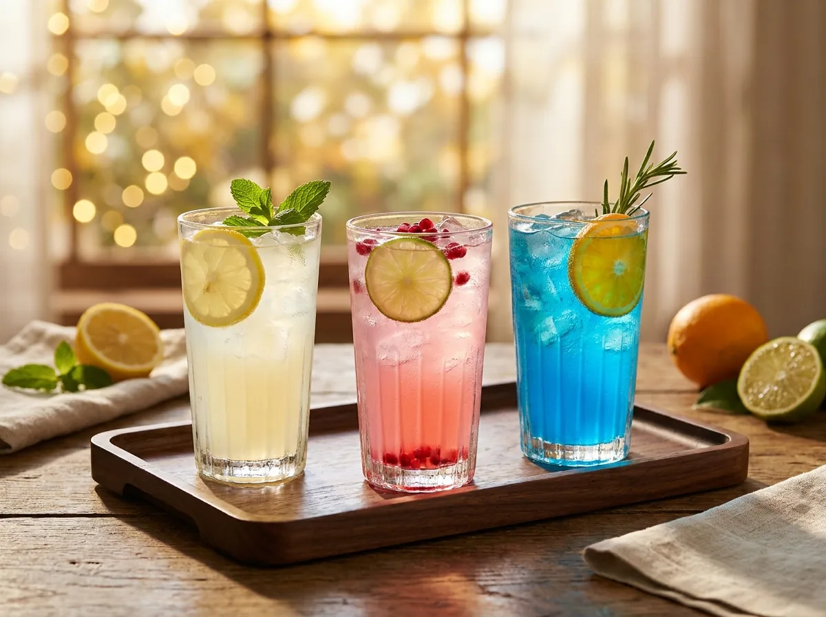 Limonadas artesanales en vasos altos, clásica, rosa y eléctrica