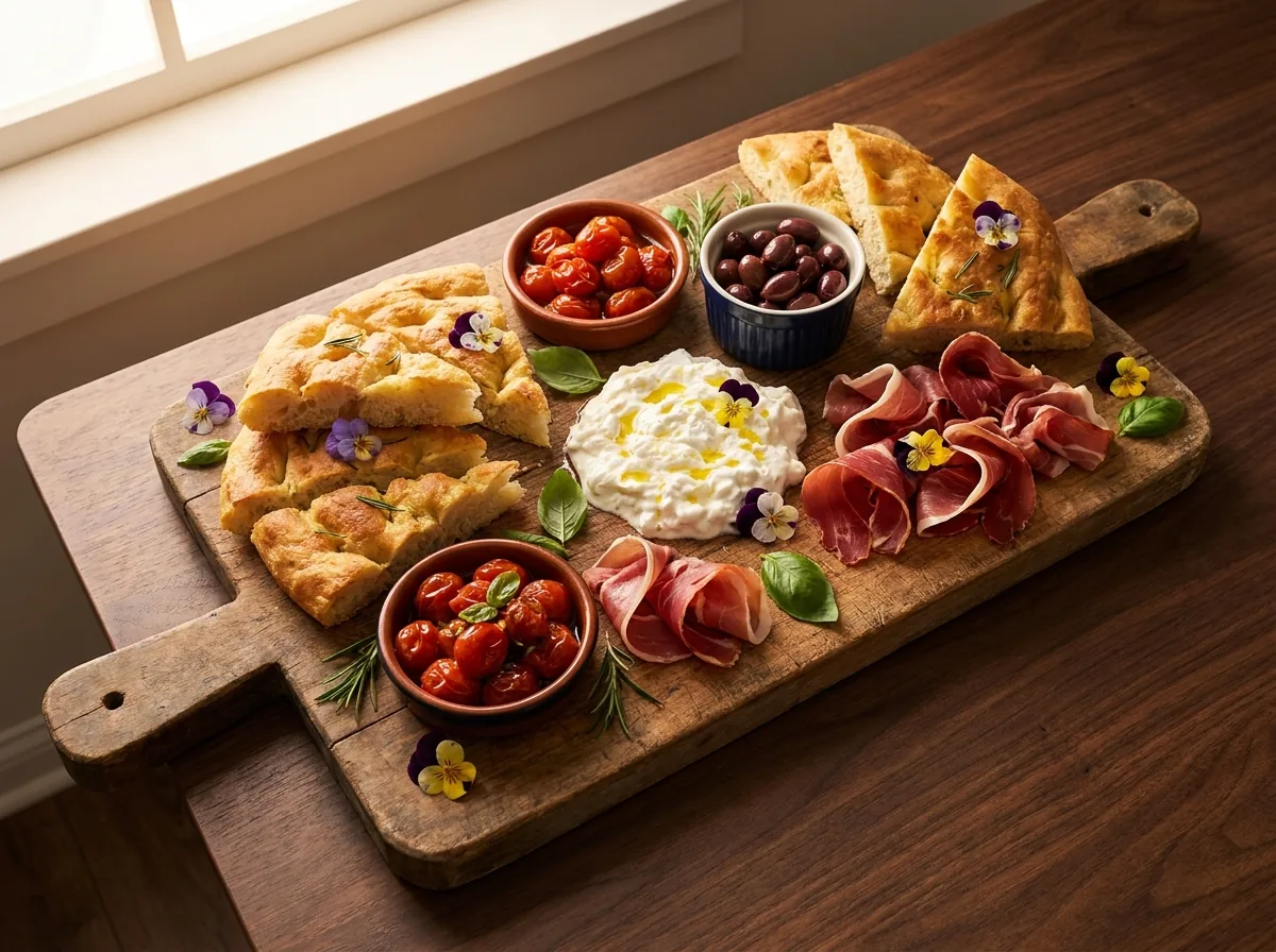 Antipasto compartido con focaccia, stracciatella, tomates y porchetta