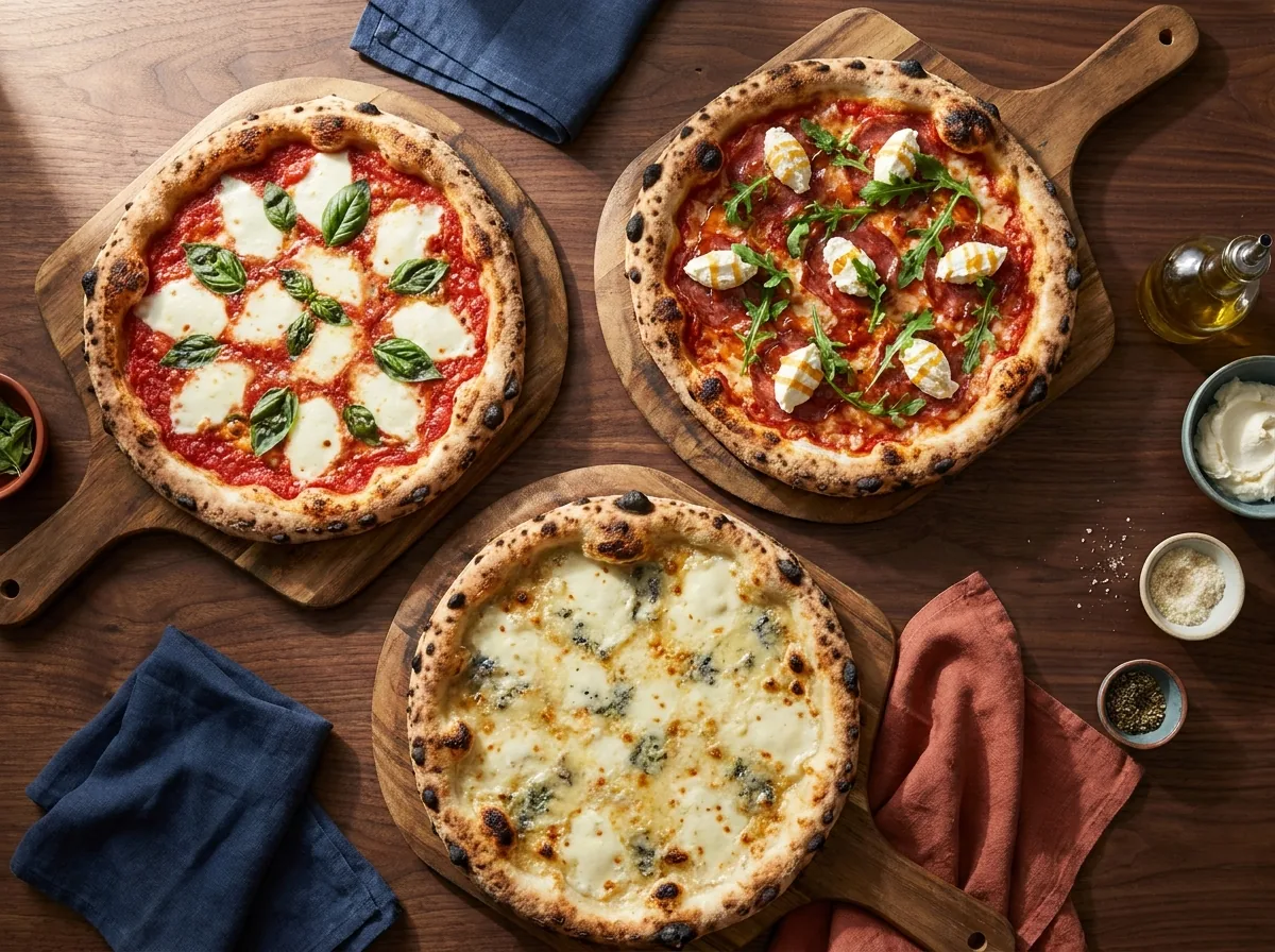 Tres pizzas Pasta Nonna recién horneadas en tabla de madera