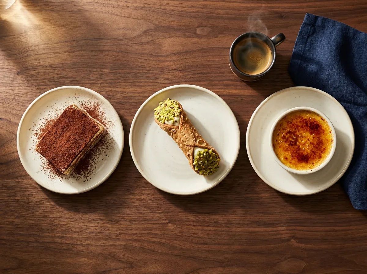 Trío de postres italianos, tiramisú, cannoli y crème brûlée de pistacho