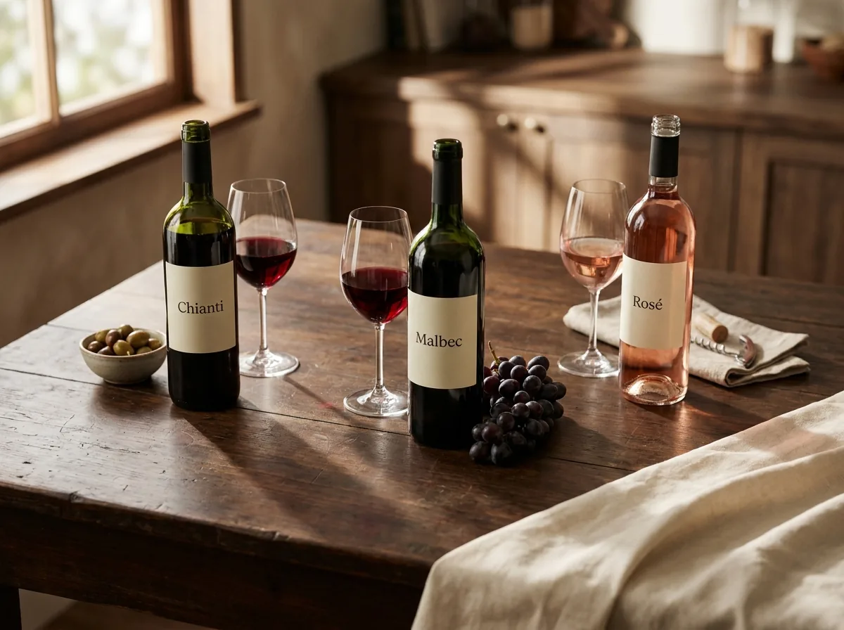 Bodega italiana con vinos seleccionados. Chianti, Malbec, Rosé