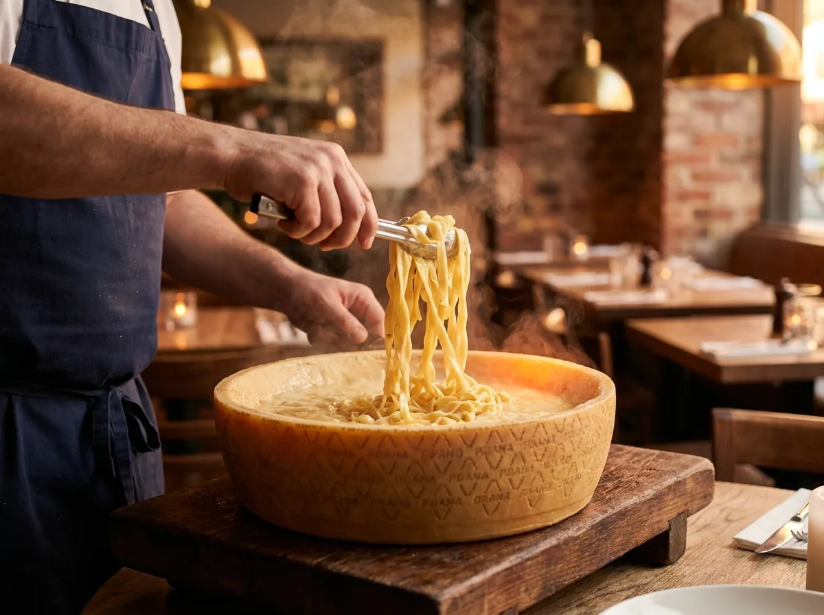 Cheese wheel de grana padano con pasta, la firma de Pasta Nonna